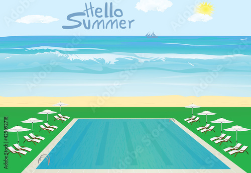 Hello summer. pool and beach. vector