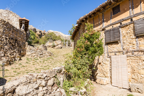 a street with typical architecture in Calatanazor  province of Soria  Castile and Leon  Spain