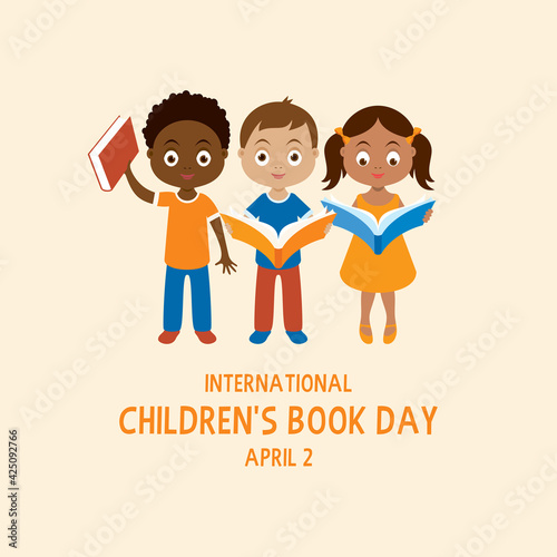 International Children's Book Day vector. Group of kids with book vector. Diverse group of children reading a book vector. Children's Book Day Poster, April 2. Important day