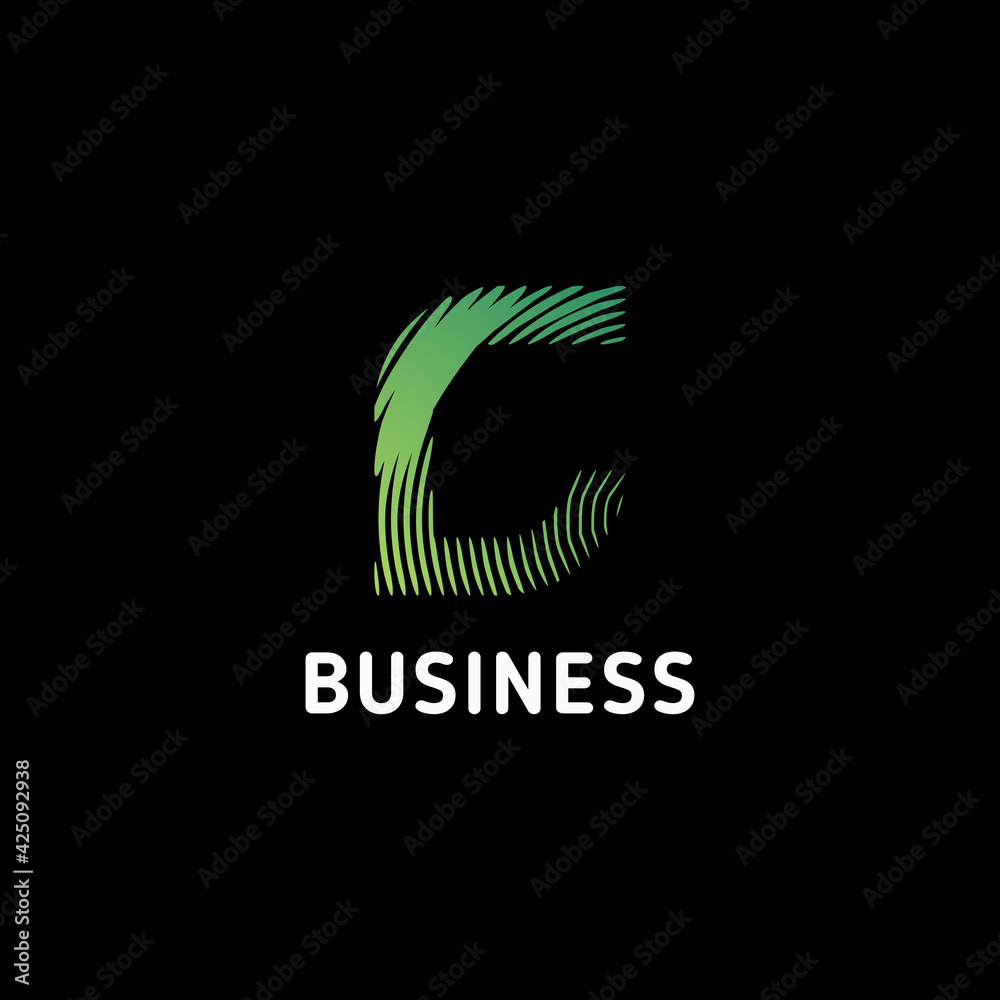 Green gradient abstract circular lines letter C initial monogram logo in black background