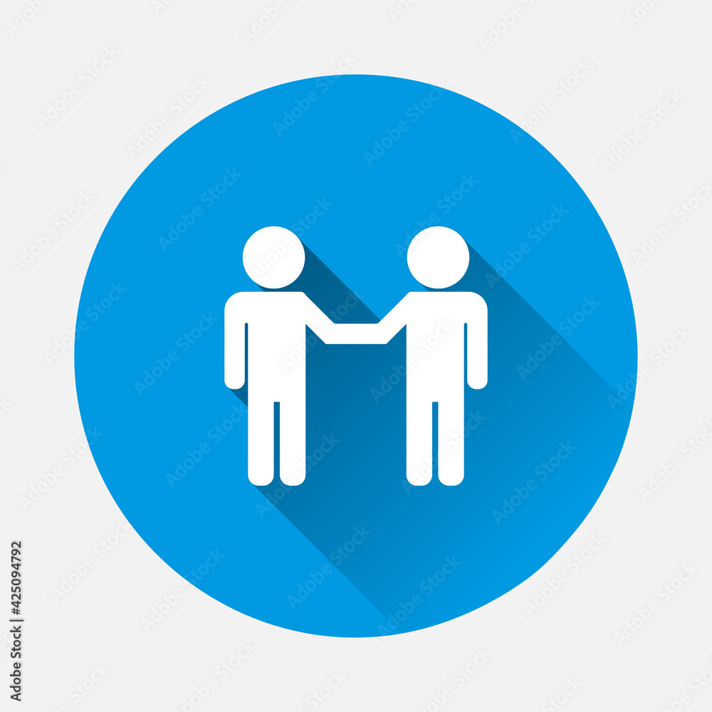 Vector icon two people businessman greet icon on blue background. Flat image with long shadow. Vector icon two people businessman greet icon on blue background. Flat image with long shadow.