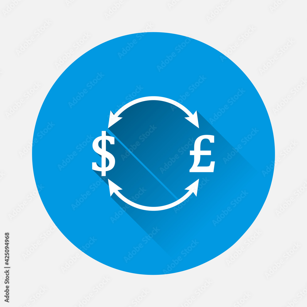 Vector arrow and euro dollar sign icon on blue background. Flat image with long shadow. Vector arrow and euro dollar sign icon on blue background. Flat image with long shadow.