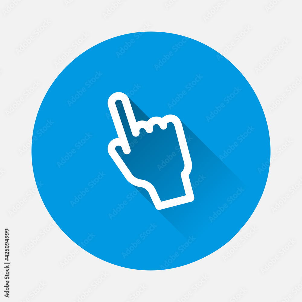Hand clicks. Cursor icon on blue background. Flat image with long shadow. Hand clicks. Cursor icon on blue background. Flat image with long shadow.