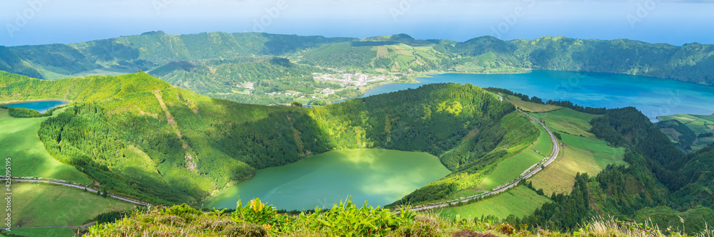 Panorama at Miradouro da Boca do Inferno overlooking the lakes of Sete Cidades, island Sao Miguel, Azores
