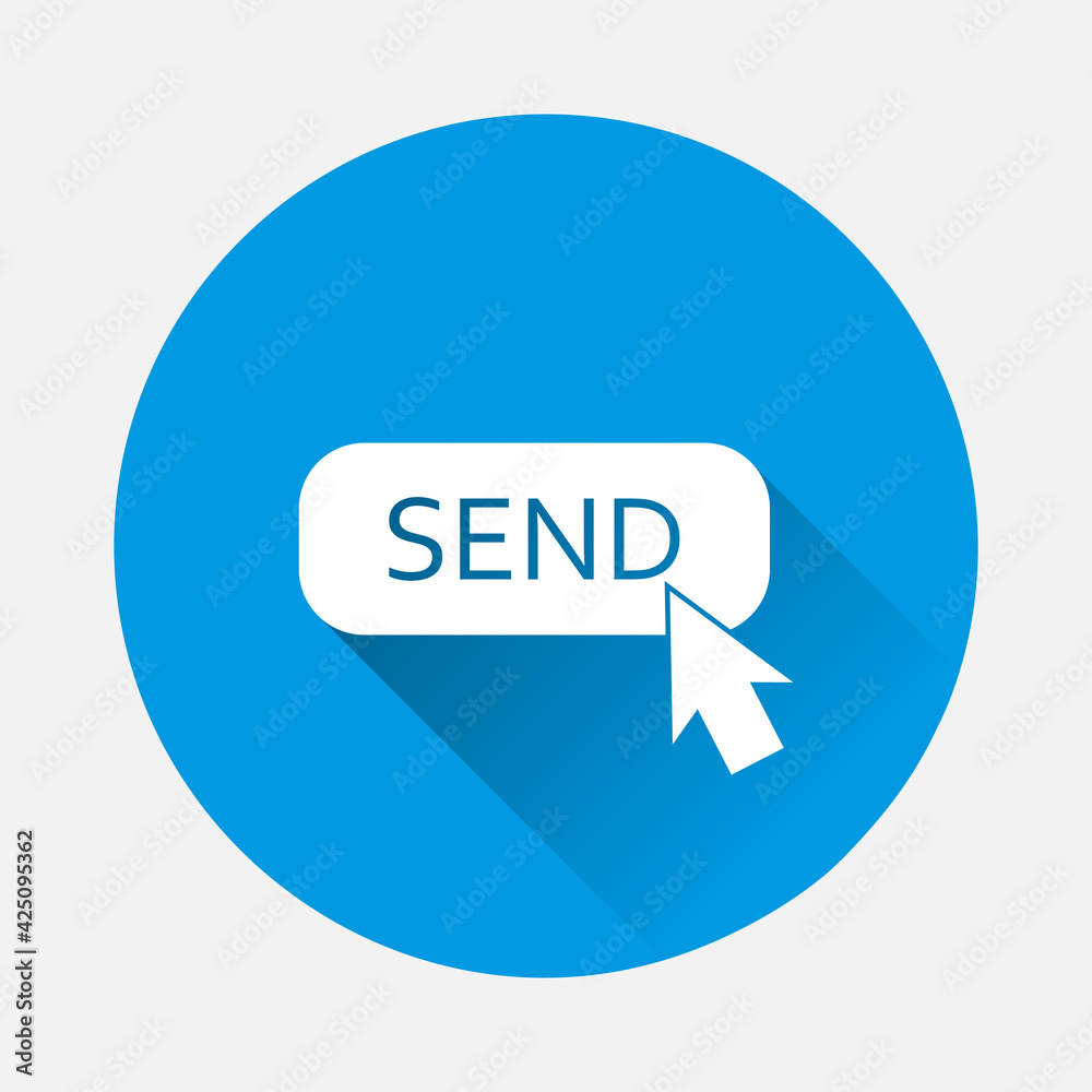 Button send with cursor icon icon on blue background. Flat image with long shadow. Button send with cursor icon icon on blue background. Flat image with long shadow.