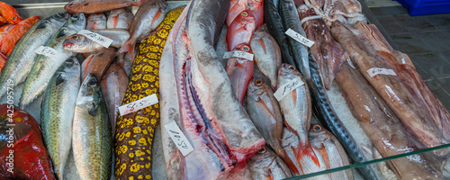 Sebastes and other fish on the counter in the fish market, Ponta Delgada, panorama view
