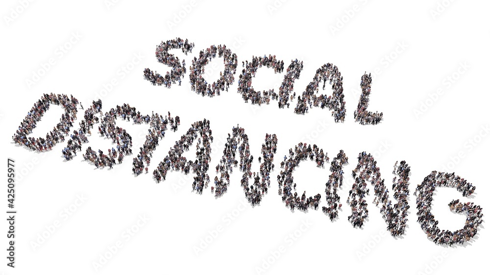 Crowd of people with masks gather and form social distancing text Crowd of people with masks gather and form social distancing text