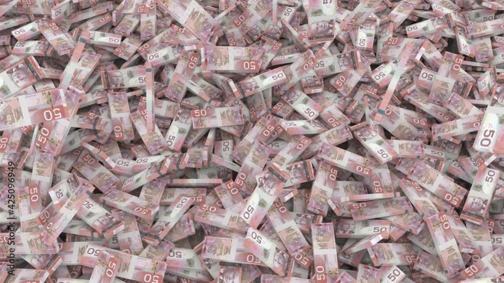 fifty Canadian dollars stacks of banknotes fall from above forming a large pile on the whole screen fifty Canadian dollars stacks of banknotes fall from above forming a large pile on the whole screen