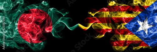 Bangladesh  Bangladeshi vs Catalonia  Catalan  Catalonian  Spain smoky mystic flags placed side by side. Thick colored silky abstract smokes flags.