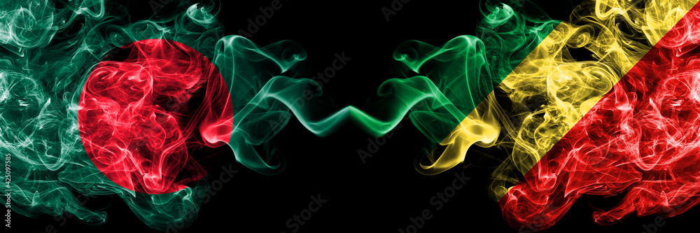Bangladesh, Bangladeshi vs Congo, Congolese smoky mystic flags placed side by side. Thick colored silky abstract smokes flags.