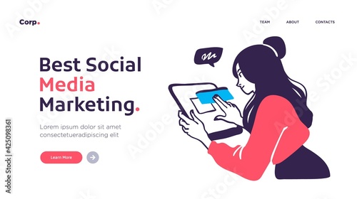 Landing page template of Social media marketing. Modern flat design concept of web page design for website and mobile website. Easy to edit and customize. Vector