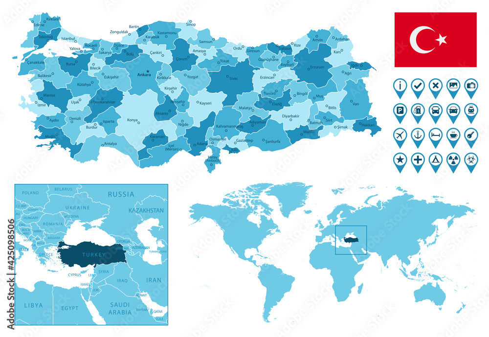 Turkey detailed administrative blue map with country flag and location on the world map. Vector illustration