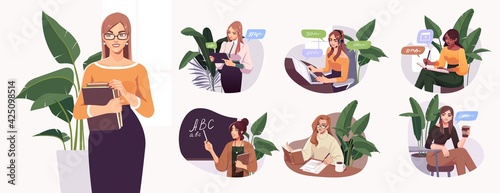 Illustrations of modern female teachers. Concepts of online education, training, and courses, learning, video tutorials