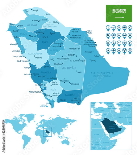 Saudi Arabia detailed administrative blue map with country flag and location on the world map. Vector illustration photo