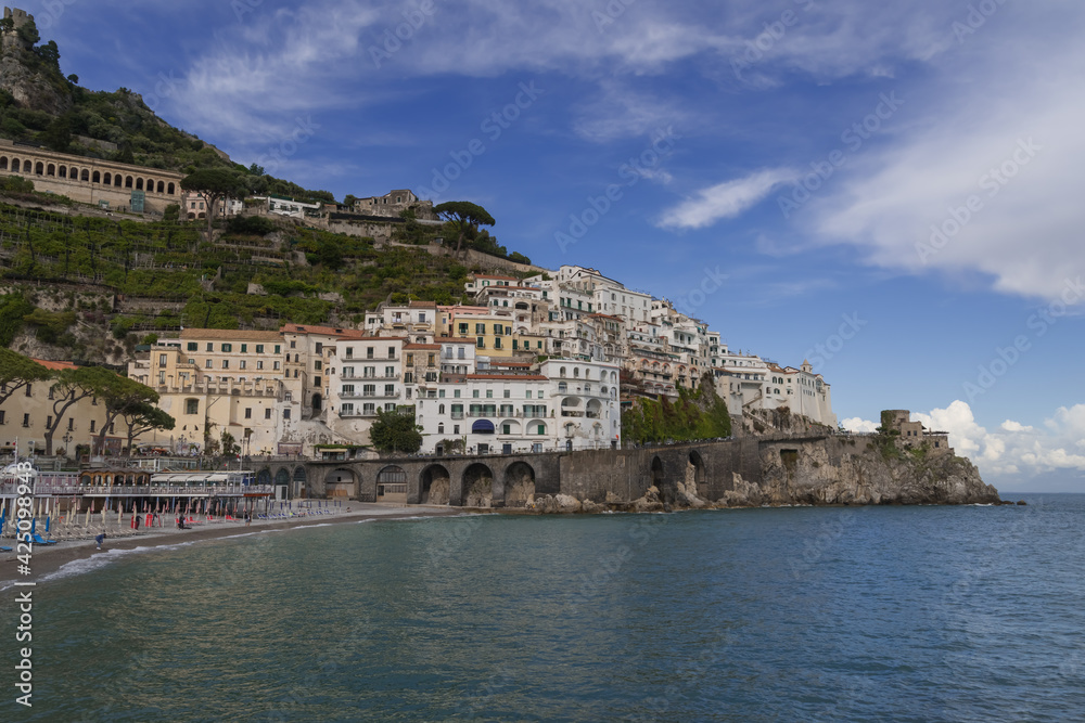 Amazing Amalfi coast, colorful hillside houses,  Mediterranean Sea, Italy