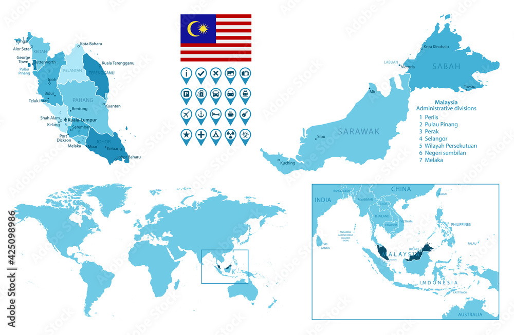 Malaysia Detailed Administrative Blue Map With Country Flag And 1000 F 425098986 Ib6esLgXwGvFGAqmmQBbvgcS8rg4wBAU 