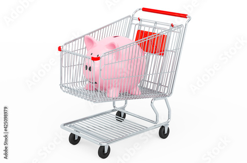 Shopping cart with piggy bank. 3D rendering