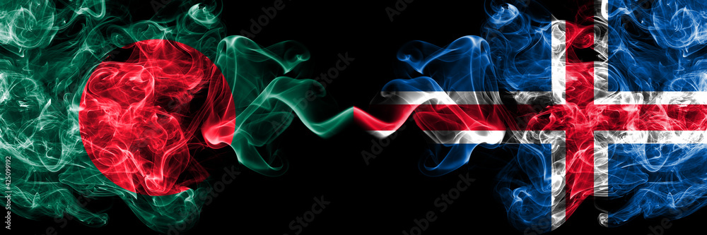 Obraz premium Bangladesh, Bangladeshi vs Iceland, Icelandic smoky mystic flags placed side by side. Thick colored silky abstract smokes flags.
