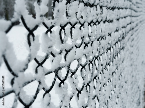 Metal fence covered with snow. close-up on icy wire fence