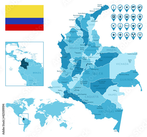 Colombia detailed administrative blue map with country flag and location on the world map. Vector illustration