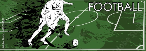 Two football players with a ball on a green soccer field. Illustration on the theme of football, championship, sports. Vector. 