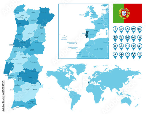 Portugal detailed administrative blue map with country flag and location on the world map. Vector illustration