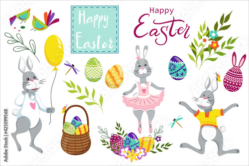 Vector Easter set of cute Easter cartoon characters and design elements. Easter bunny, chickens, eggs and flowers. Vector illustration.Perfect for holiday decoration and spring greeting cards © Катерина Фирсова