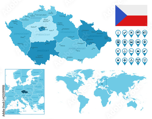 Czech Republic detailed administrative blue map with country flag and location on the world map. Vector illustration