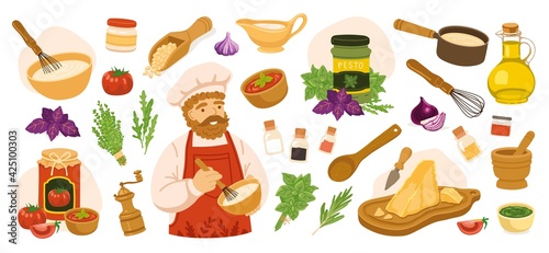 Set of classic french, italian sauces. Pesto, bolognese, béchamel. Collection of different ingredients, vegetables, spices, herbs, kitchenware. Hand-drawn vector illustration. All elements isolated