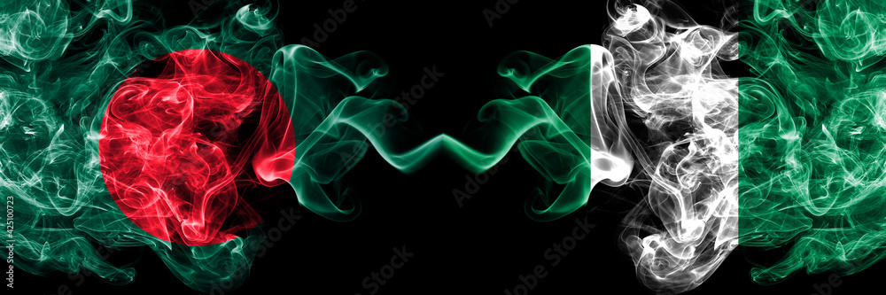 Bangladesh, Bangladeshi vs Nigeria, Nigerian smoky mystic flags placed side by side. Thick colored silky abstract smokes flags. Bangladesh, Bangladeshi vs Nigeria, Nigerian smoky mystic flags placed side by side. Thick colored silky abstract smokes flags.