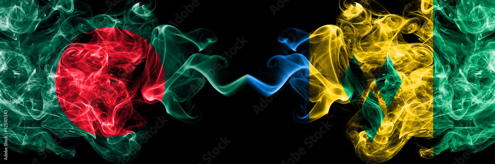 Bangladesh, Bangladeshi vs Saint Vincent and the Grenadines smoky mystic flags placed side by side. Thick colored silky abstract smokes flags. Bangladesh, Bangladeshi vs Saint Vincent and the Grenadines smoky mystic flags placed side by side. Thick colored silky abstract smokes flags.