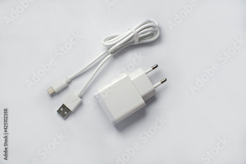 Charger electricity power smartphone with cable port micro usb on solid white background