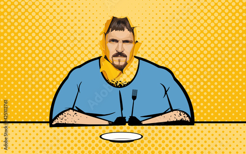 Pop art style.A fat hangry angry man with a beard, mustache in a blue T-shirt sits at a table with a knife,a fork an empty white plate and peep out a torn hole yellow paper.Vector illustration,EPS 10
