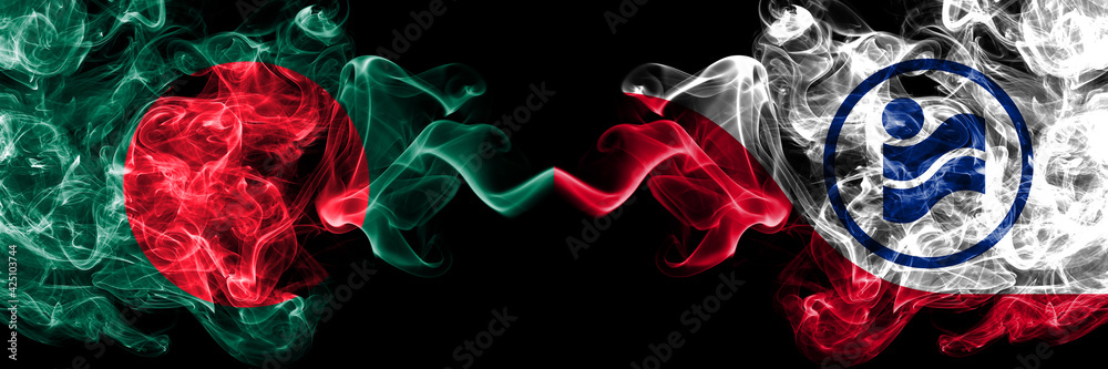 Obraz premium Bangladesh, Bangladeshi vs United States of America, America, US, USA, American, Irving, Texas smoky mystic flags placed side by side. Thick colored silky abstract smokes flags.