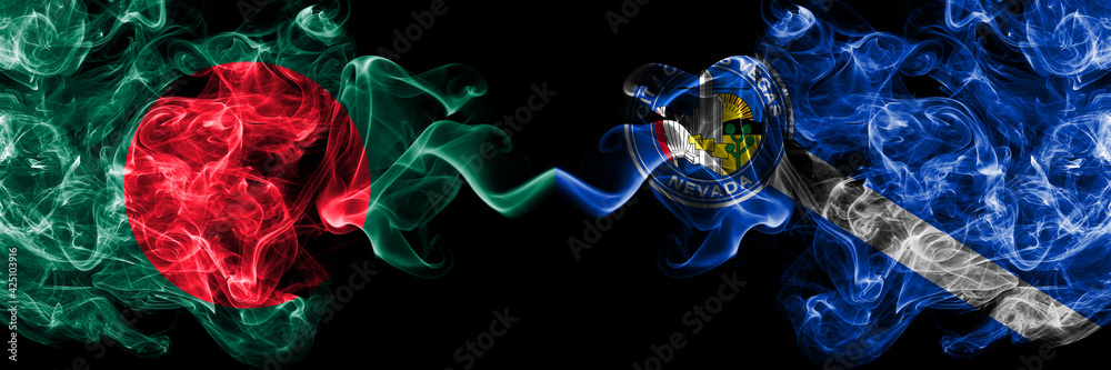 Obraz premium Bangladesh, Bangladeshi vs United States of America, America, US, USA, American, Las Vegas, Nevada smoky mystic flags placed side by side. Thick colored silky abstract smokes flags.