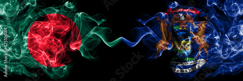 Bangladesh, Bangladeshi vs United States of America, America, US, USA, American, Michigan smoky mystic flags placed side by side. Thick colored silky abstract smokes flags.