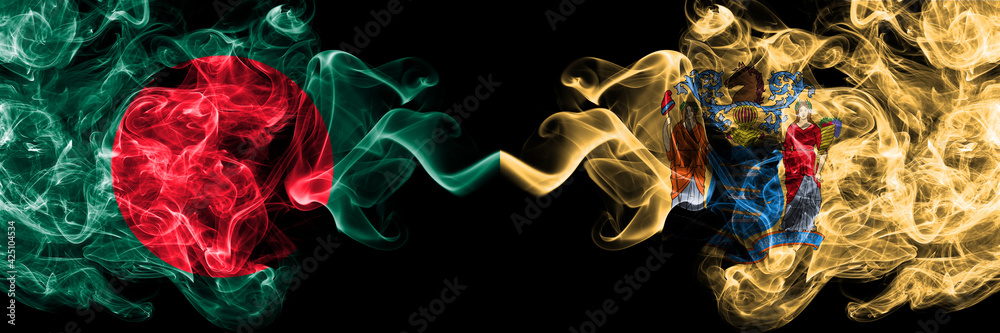 Obraz premium Bangladesh, Bangladeshi vs United States of America, America, US, USA, American, New Jersey smoky mystic flags placed side by side. Thick colored silky abstract smokes flags.