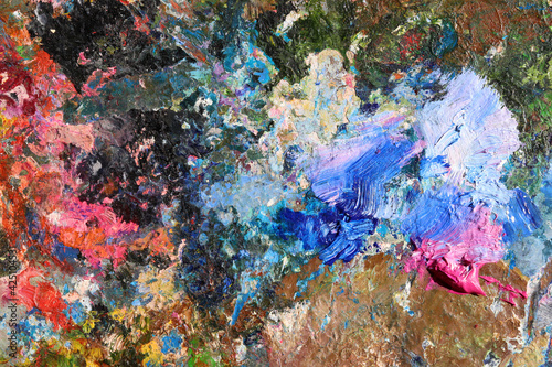Abstract colorful oil painting strokes. Blue and pink brushstroke background. Mixed oil paint teture 