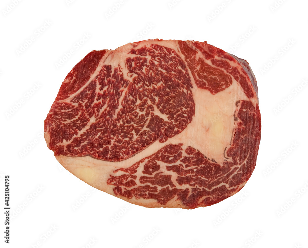 Close up raw beef ribeye steak isolated on white
