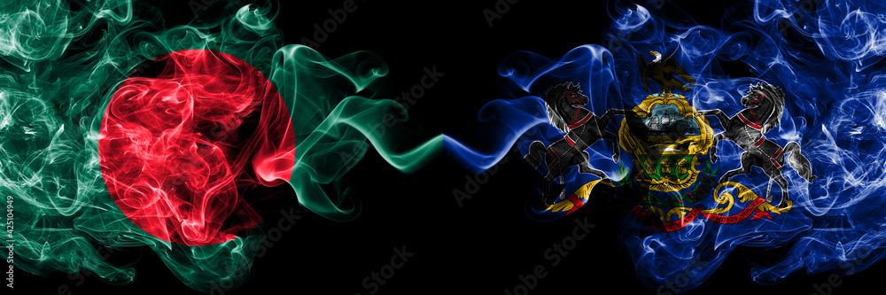 Obraz premium Bangladesh, Bangladeshi vs United States of America, America, US, USA, American, Pennsylvania smoky mystic flags placed side by side. Thick colored silky abstract smokes flags.