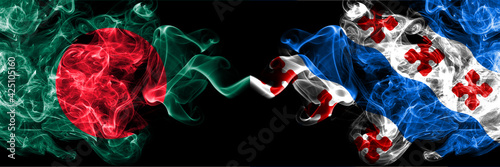 Bangladesh, Bangladeshi vs United States of America, America, US, USA, American, Rockville, Maryland smoky mystic flags placed side by side. Thick colored silky abstract smokes flags.