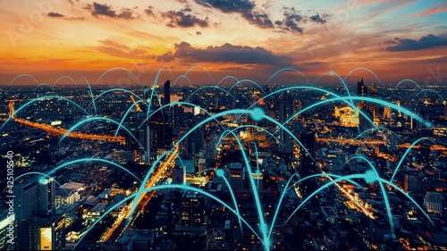 Smart digital city with globalization abstract graphic showing connection network . Concept of future 5G smart wireless digital city and social media networking systems . photo
