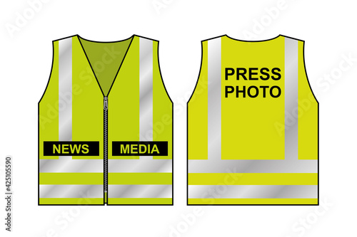 Yellow reflective safety vest with text - news media, press photo. Protective uniform for reporter or photographer