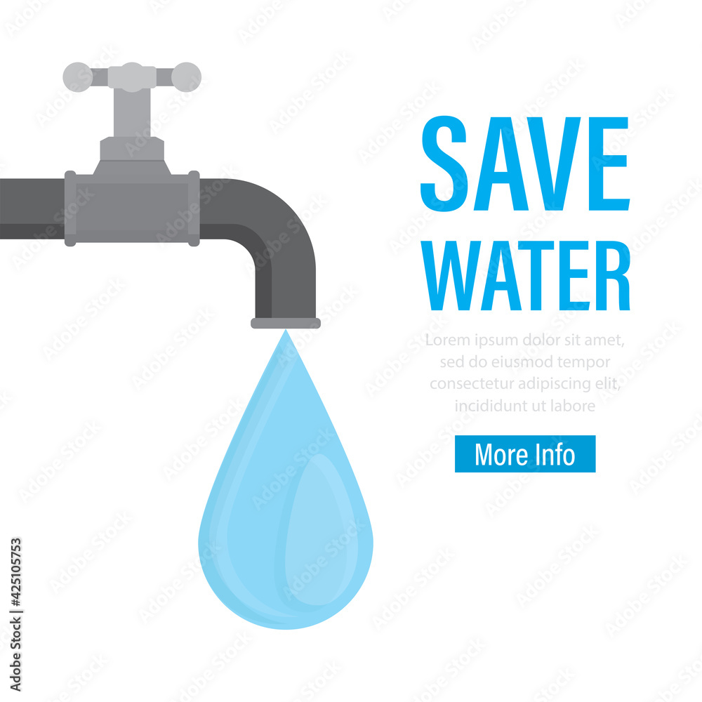 Save water, landing page templare. Water tap and large drop. Ecology problems concept banner. Irreplaceable natural resources of planet. - obrazy, fototapety, plakaty 