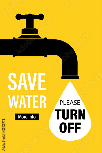 Save water, landing page template. Black silhouette of water tap, large white drop with text. Ecology problems.