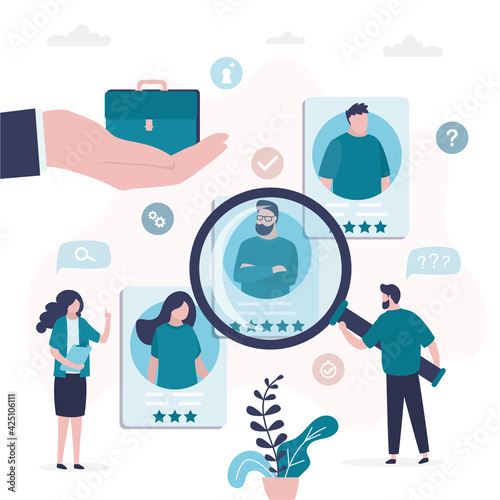Various resumes of people candidates. CV of job seekers. Business people or HR specialists use search workers and hires. Recruitment process. Big hand holds briefcase.
