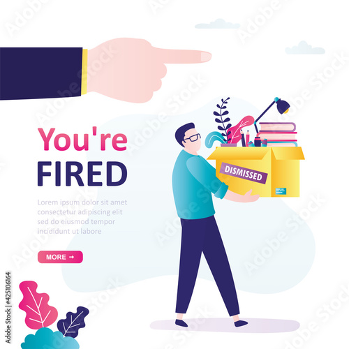 Employee fired from company. Unhappy man holds personal belongings in box. Concept of jobless troubles and  job reduction