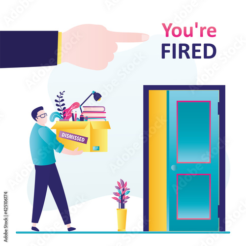 Employee fired from company. Unhappy man holds personal belongings in box. Concept of jobless troubles and  job reduction