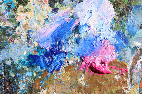 Abstract colorful oil painting strokes. Blue and pink brushstroke background. Mixed oil paint teture  © Juver