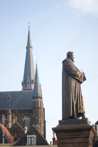 Statue of Hugo de Groot on square in Delft  The Netherlands 